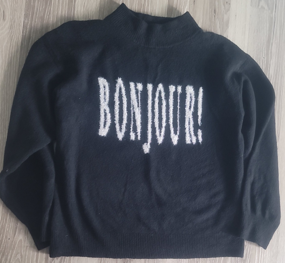 Womens "Bonjour!" Black Sweater Size XL Paris Whimsygoth Tinsel Silver Sparkle